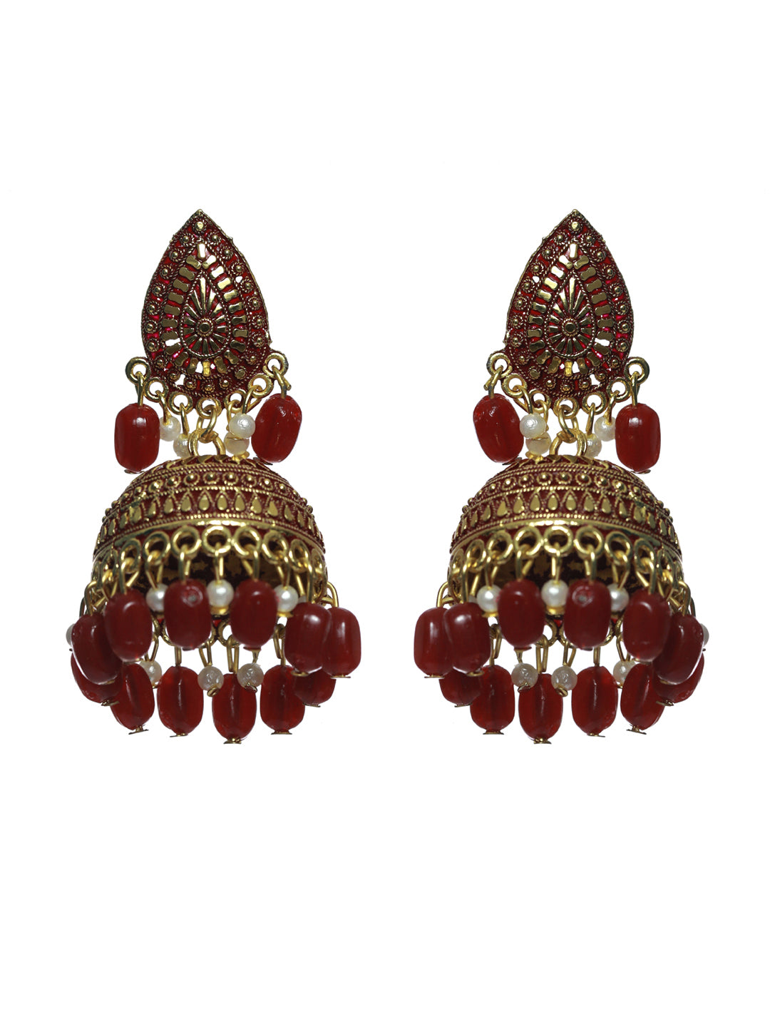Priyaasi Maroon Floral Gold Plated Jhumka Earrings