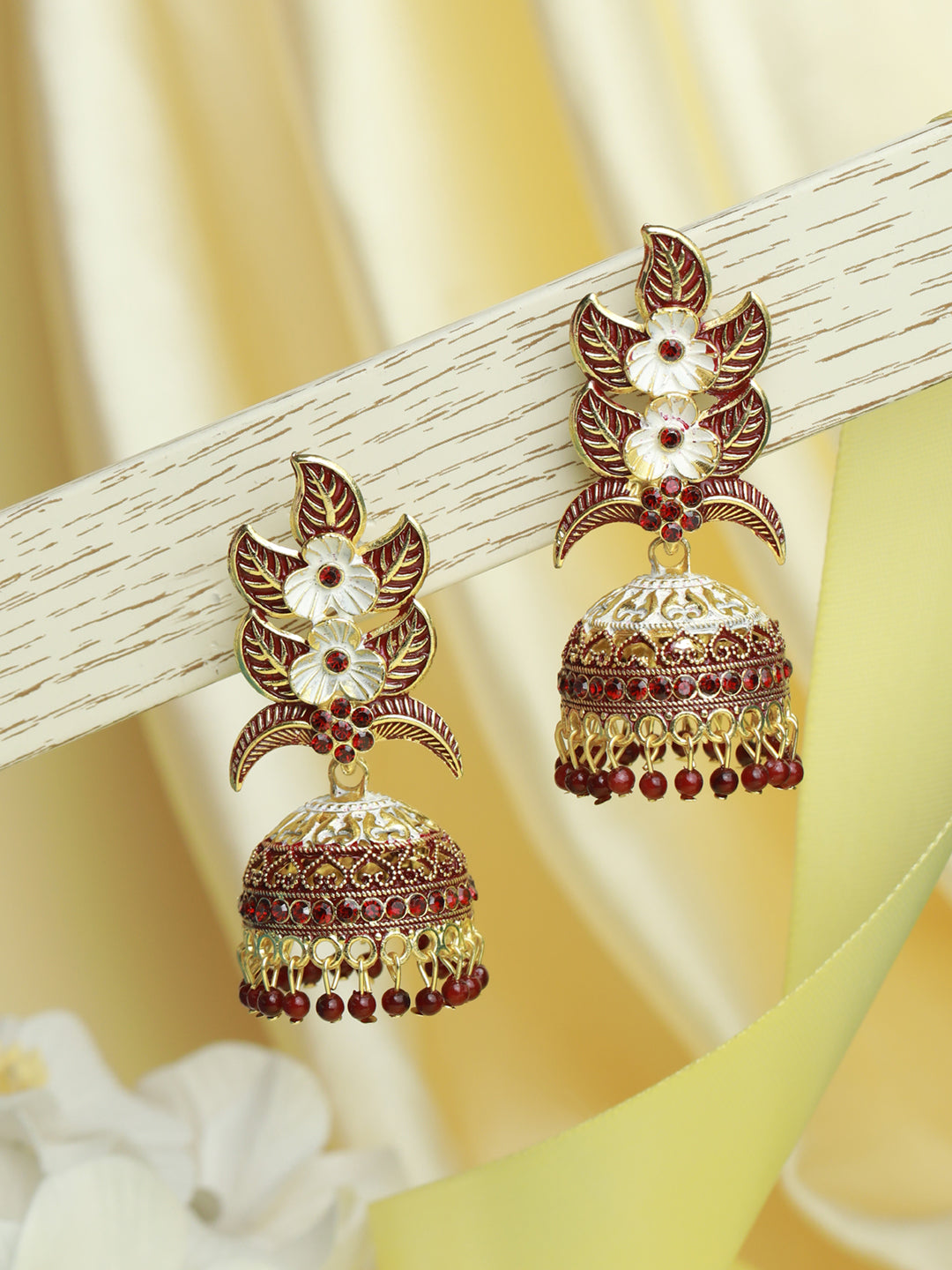 Priyaasi Maroon White Floral Gold Plated Jhumka Earrings
