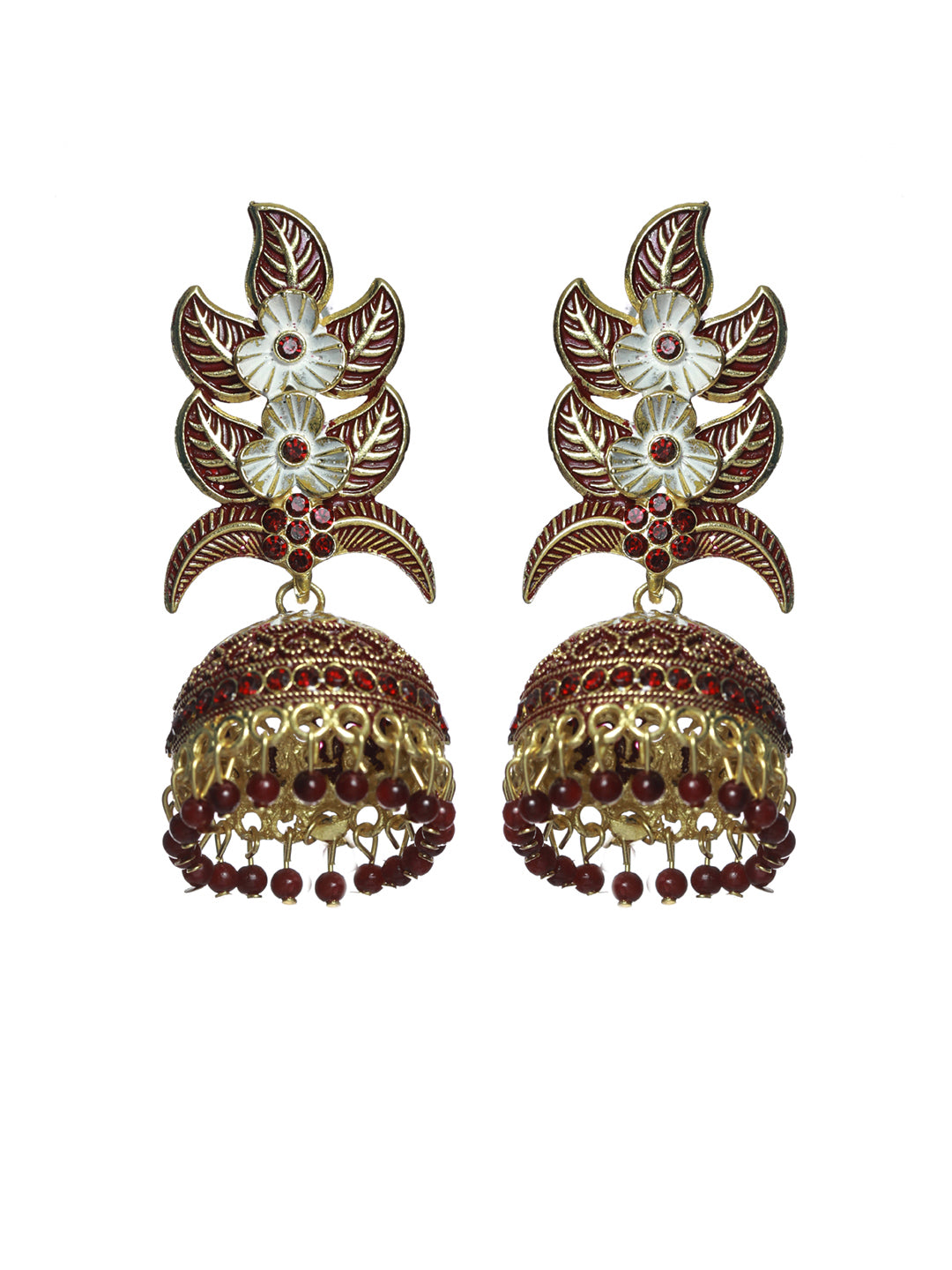 Priyaasi Maroon White Floral Gold Plated Jhumka Earrings