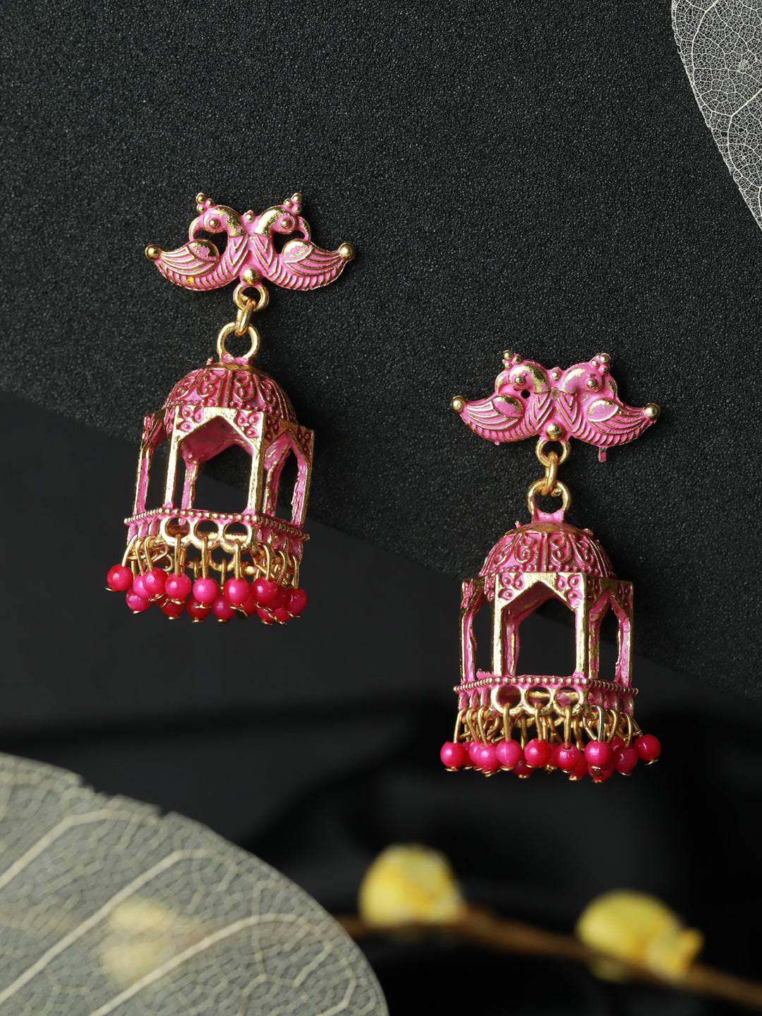 Priyaasi Pink Peacock Gold Plated Jhumka Earrings