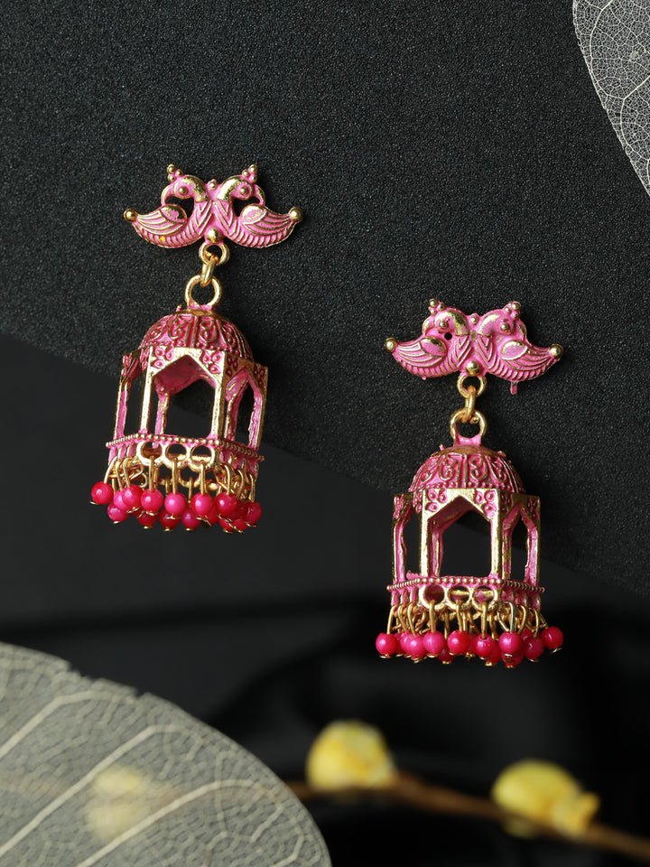 Priyaasi Pink Peacock Gold Plated Jhumka Earrings