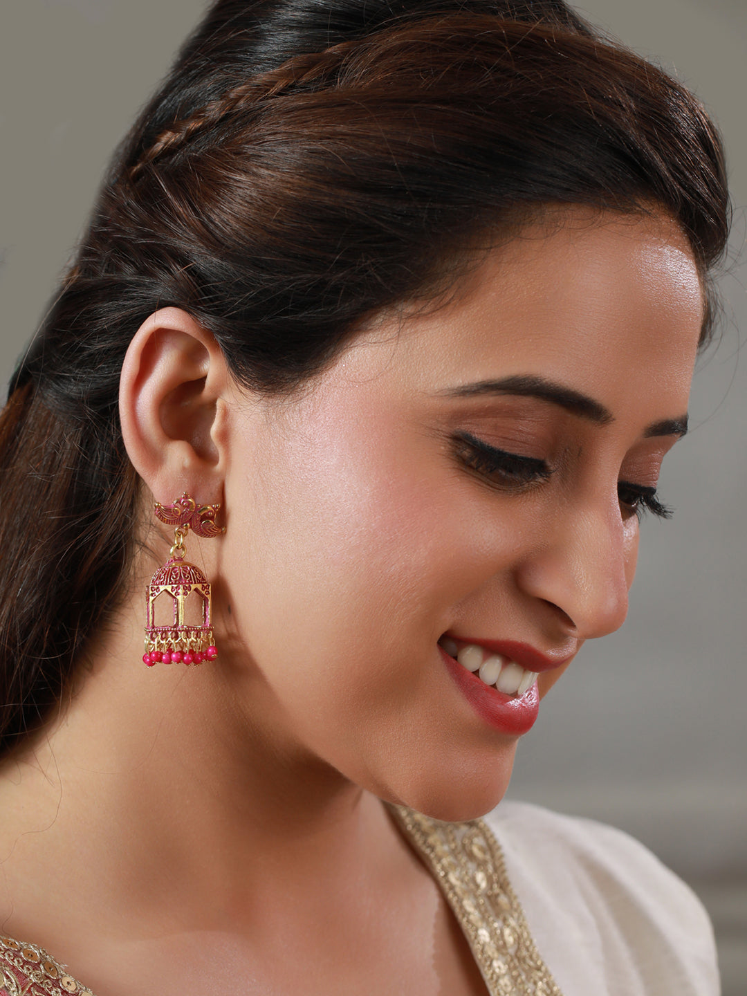 Priyaasi Pink Peacock Gold Plated Jhumka Earrings