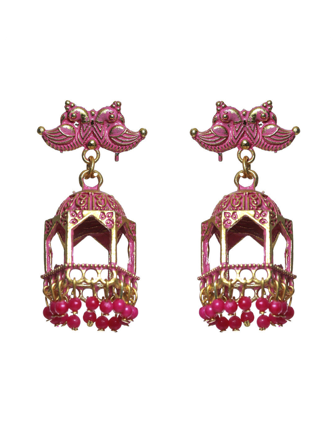 Priyaasi Pink Peacock Gold Plated Jhumka Earrings