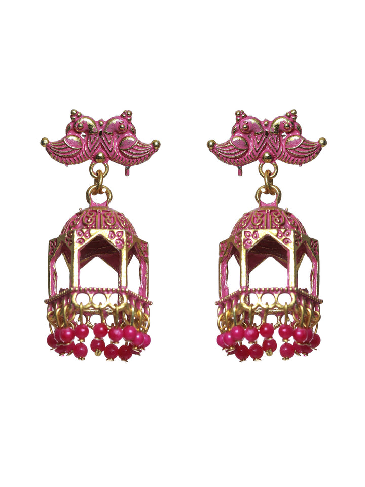 Priyaasi Pink Peacock Gold Plated Jhumka Earrings
