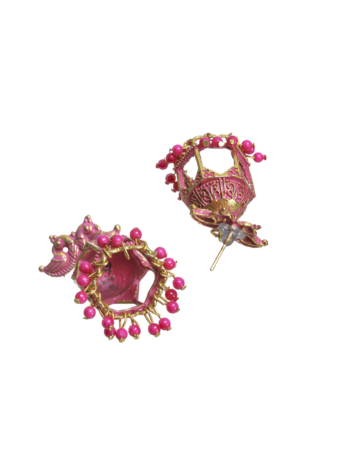 Priyaasi Pink Peacock Gold Plated Jhumka Earrings