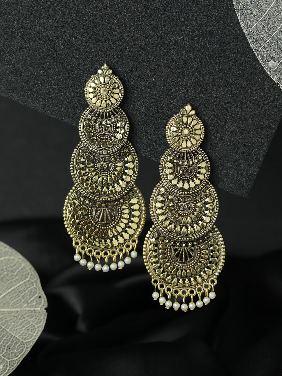 Priyaasi Long Round Floral Drop Gold Plated Earrings