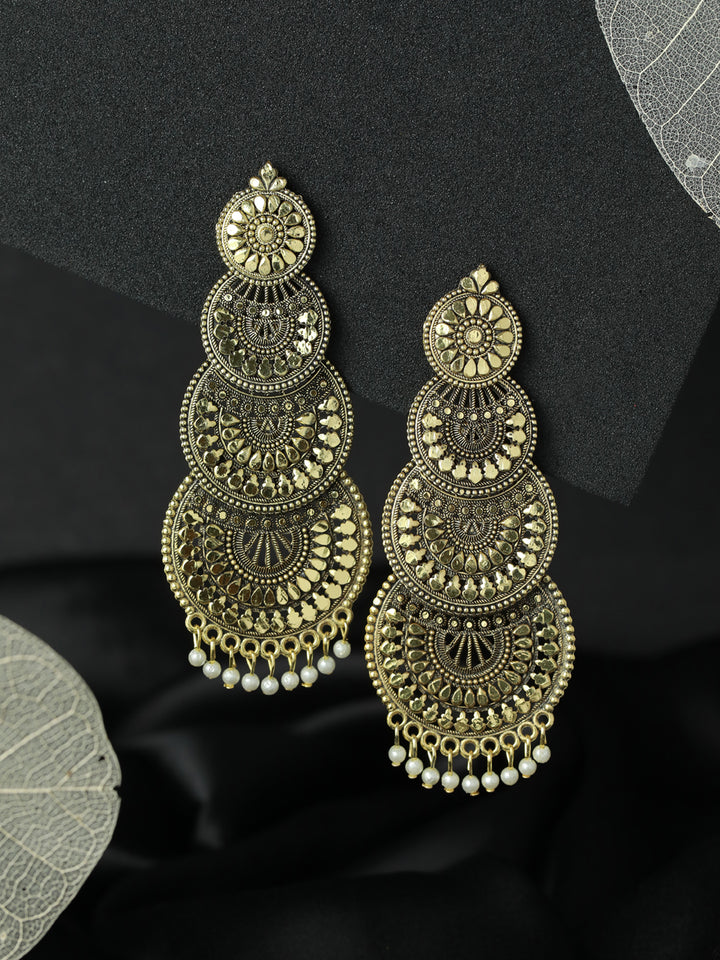 Priyaasi Long Round Floral Drop Gold Plated Earrings