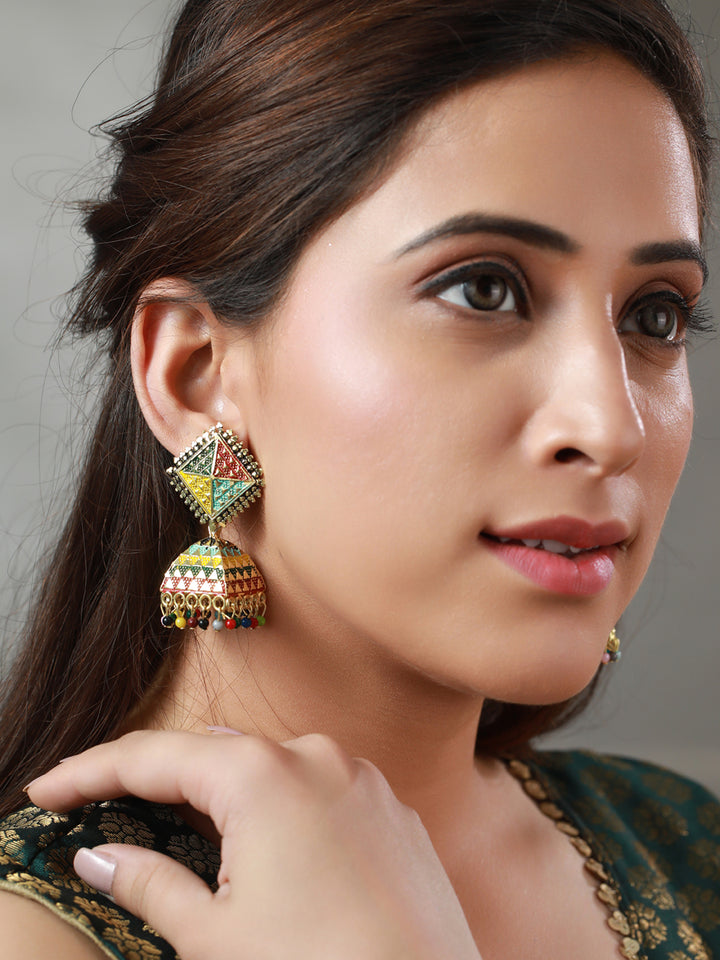 Priyaasi Multicolor Block Gold Plated Jhumka Earrings