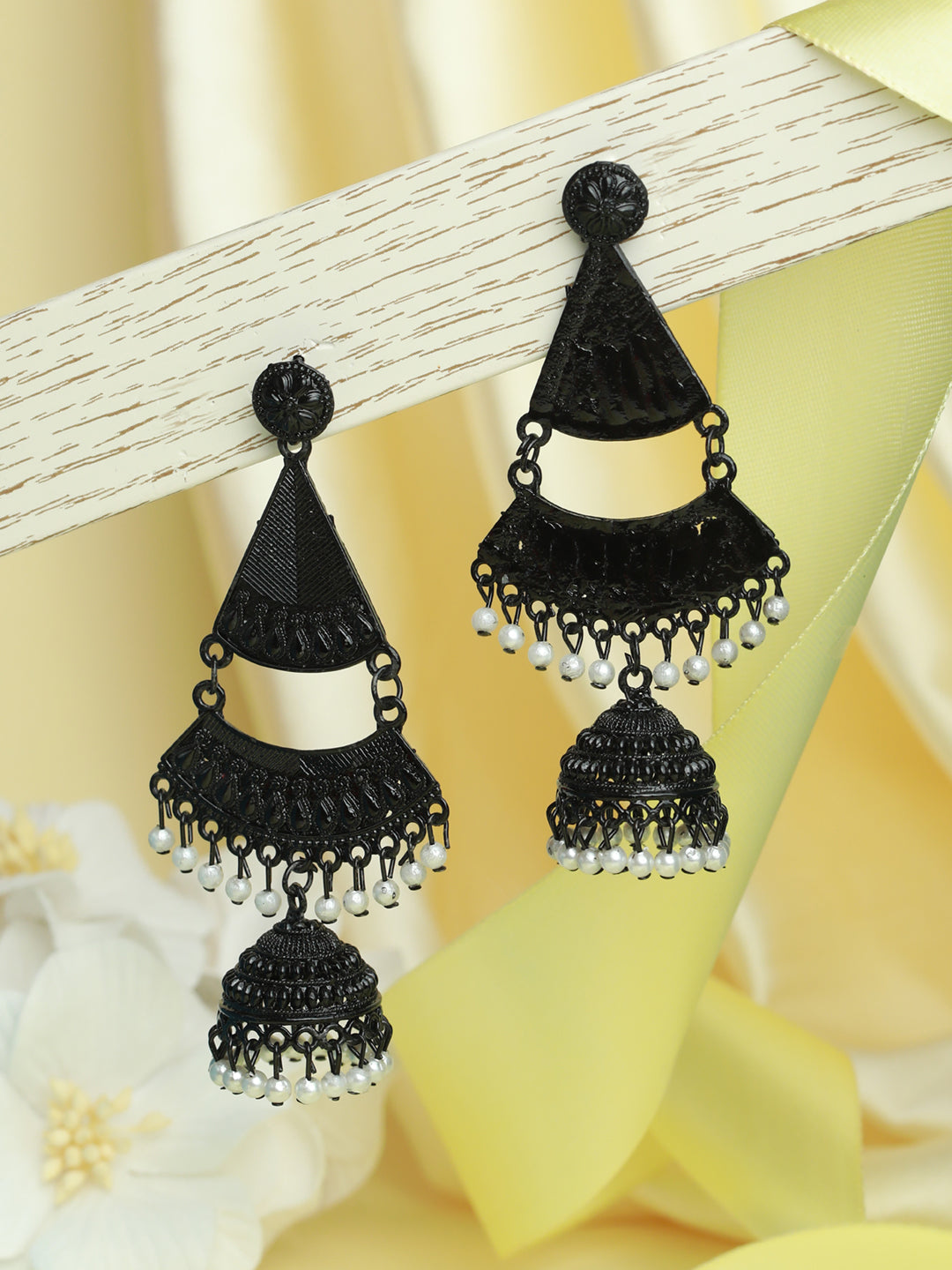 Priyaasi Black White Bead Triangular Long Drop Earrings