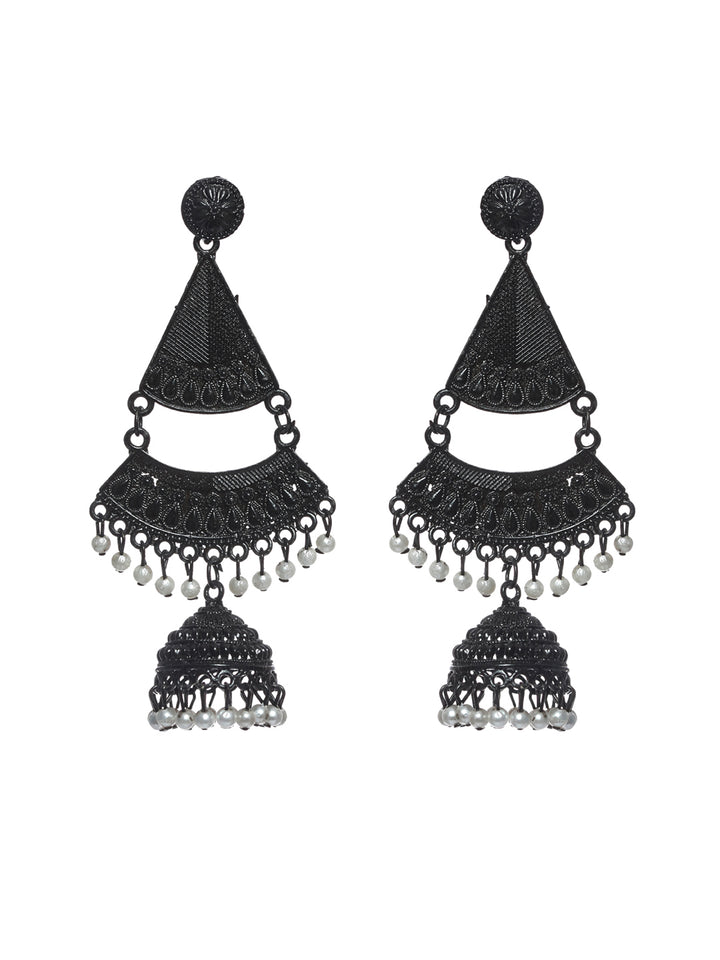 Priyaasi Black White Bead Triangular Long Drop Earrings