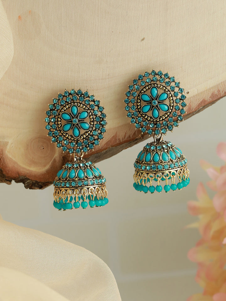 Priyaasi Blue Floral Studded Gold Plated Jhumka Earrings