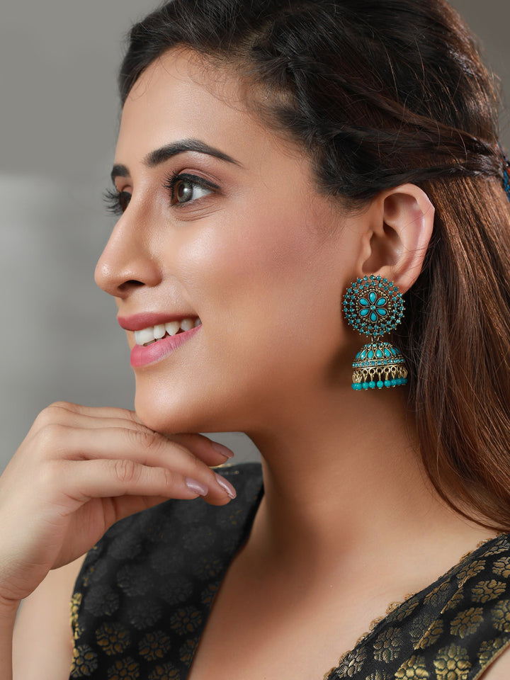 Priyaasi Blue Floral Studded Gold Plated Jhumka Earrings