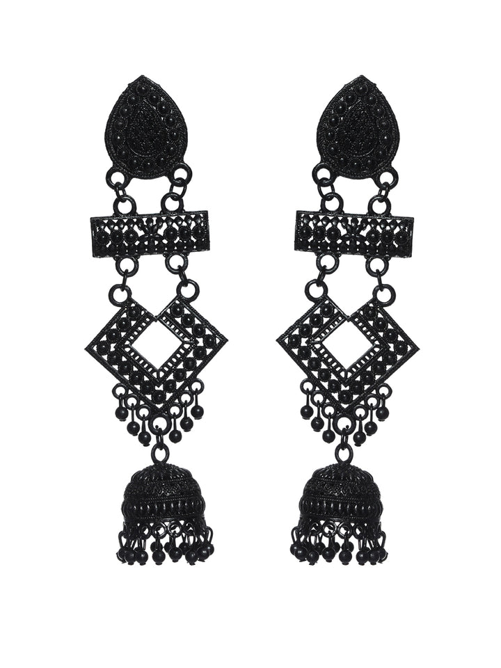 Priyaasi Black Studded Geometric Drop Earrings