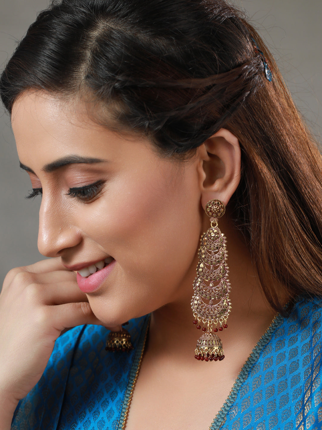 Priyaasi Mahroon Floral Gold Plated Long Drop Jhumka Earrings