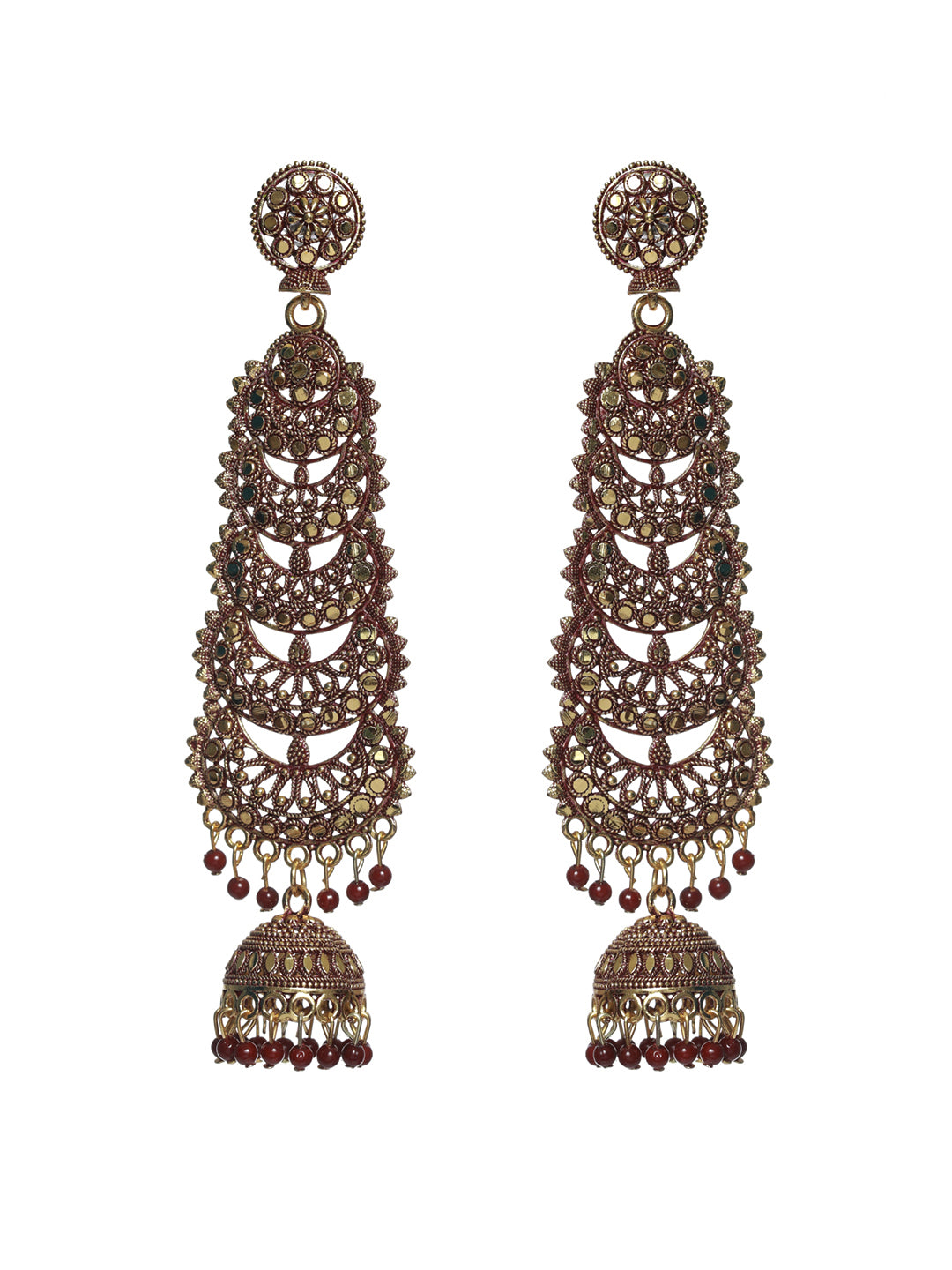 Priyaasi Mahroon Floral Gold Plated Long Drop Jhumka Earrings