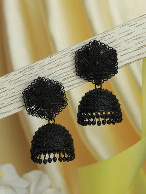Priyaasi Black Floral Jhumka Earrings