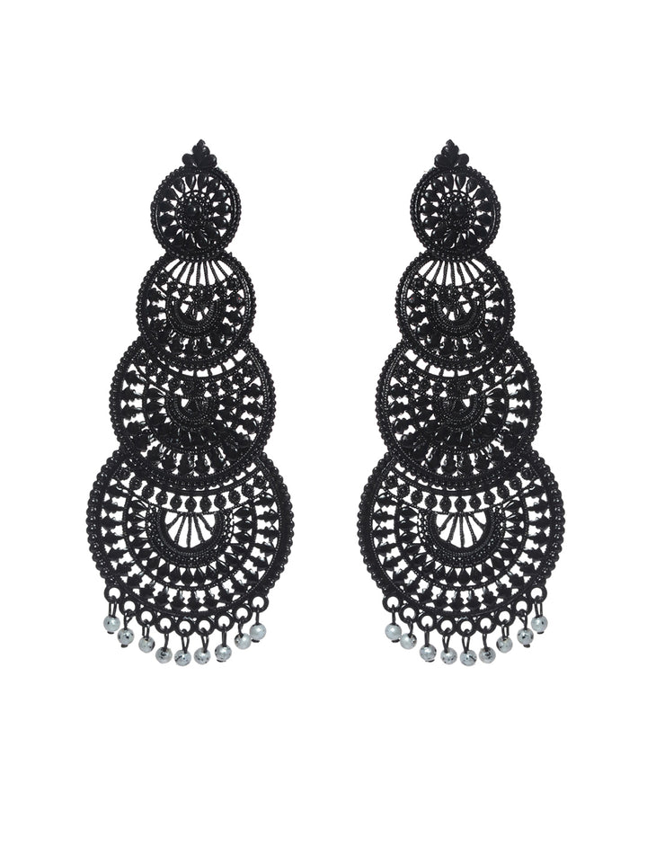 Priyaasi Black Long Round Floral Drop Earrings
