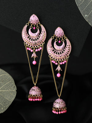 Priyaasi Pink Floral Leaf Gold Plated Jhumka Earrings
