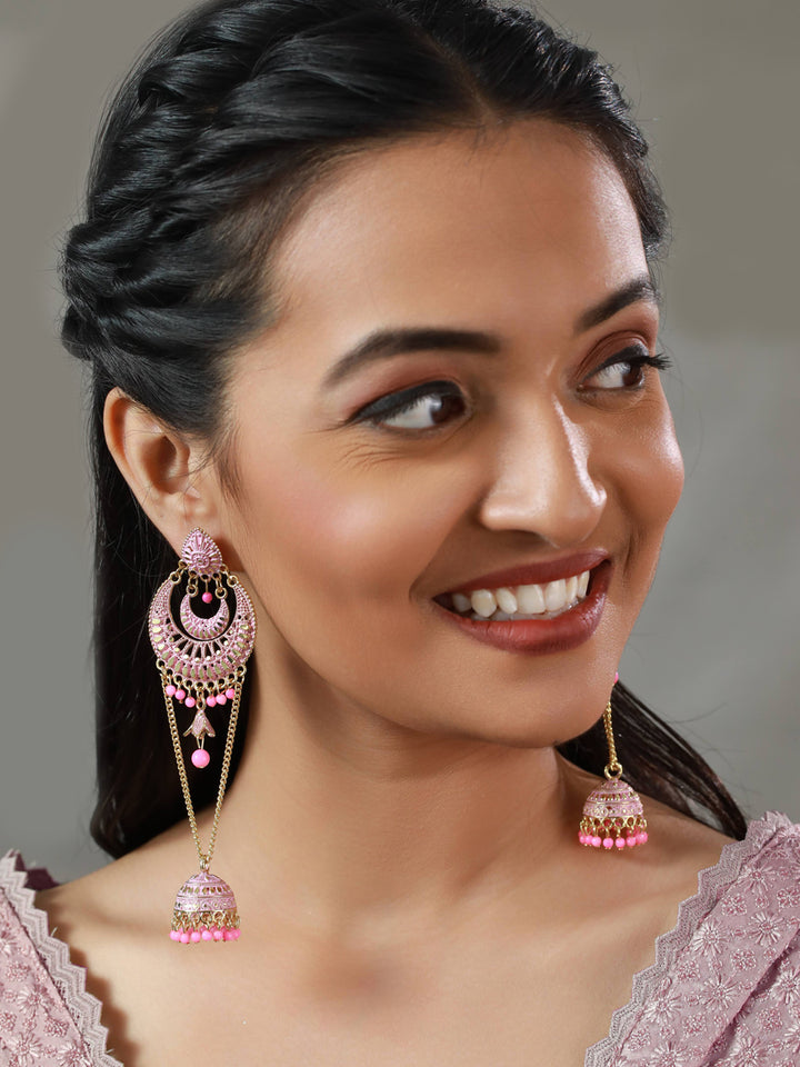 Priyaasi Pink Floral Leaf Gold Plated Jhumka Earrings
