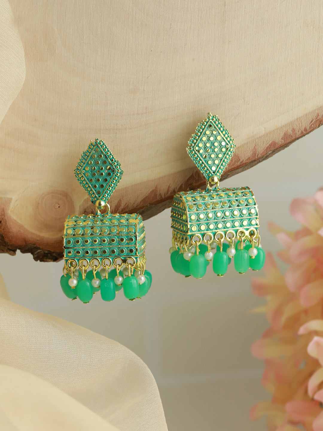 Priyaasi Green Gold Plated Case Jhumka Earrings
