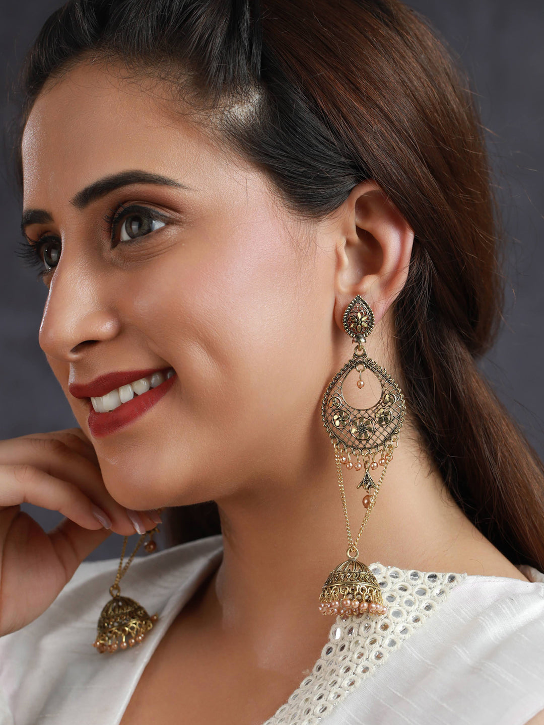 Priyaasi Floral Gold Plated Long Drop Jhumka Earrings