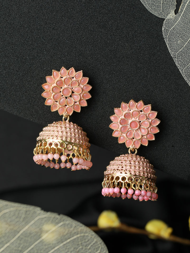 Priyaasi Pink Floral Gold Plated Jhumka Earrings