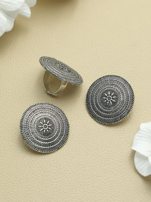 Priyaasi Round Floral Motif Oxidised Silver Earring Set