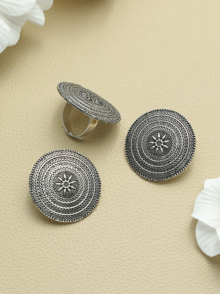 Priyaasi Round Floral Motif Oxidised Silver Earring Set
