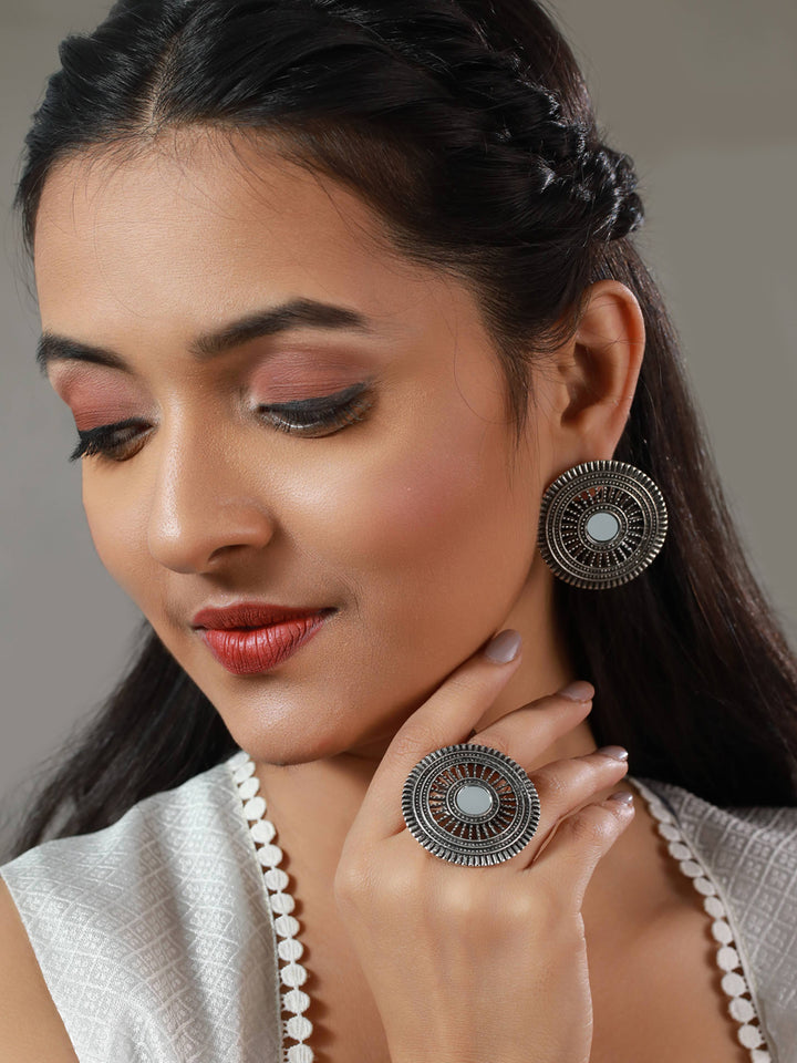 Priyaasi Round Mirror Flower Oxidised Silver Earring Set