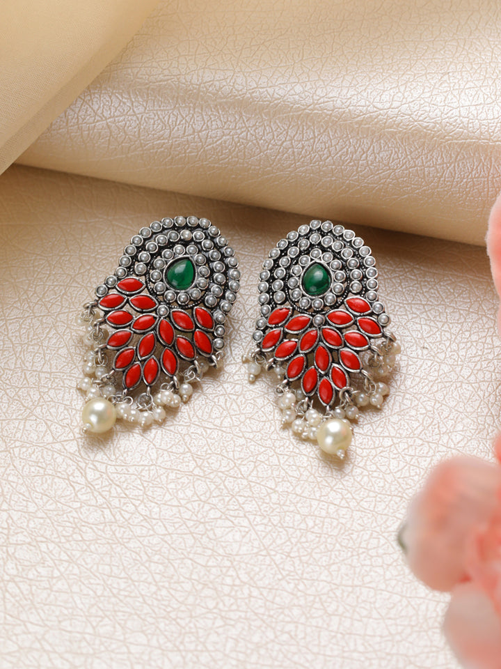 Priyaasi Studded Red Green Floral Leaf Oxidised Silver Earrings