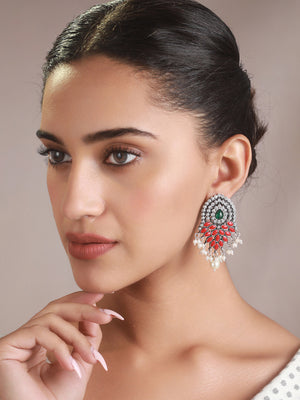 Priyaasi Studded Red Green Floral Leaf Oxidised Silver Earrings