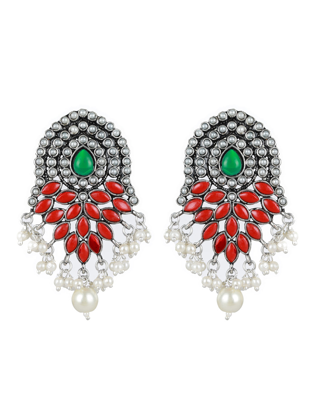 Priyaasi Studded Red Green Floral Leaf Oxidised Silver Earrings