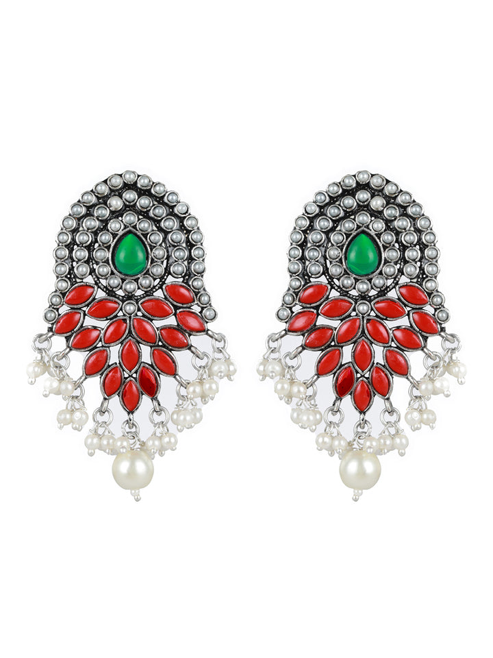 Priyaasi Studded Red Green Floral Leaf Oxidised Silver Earrings