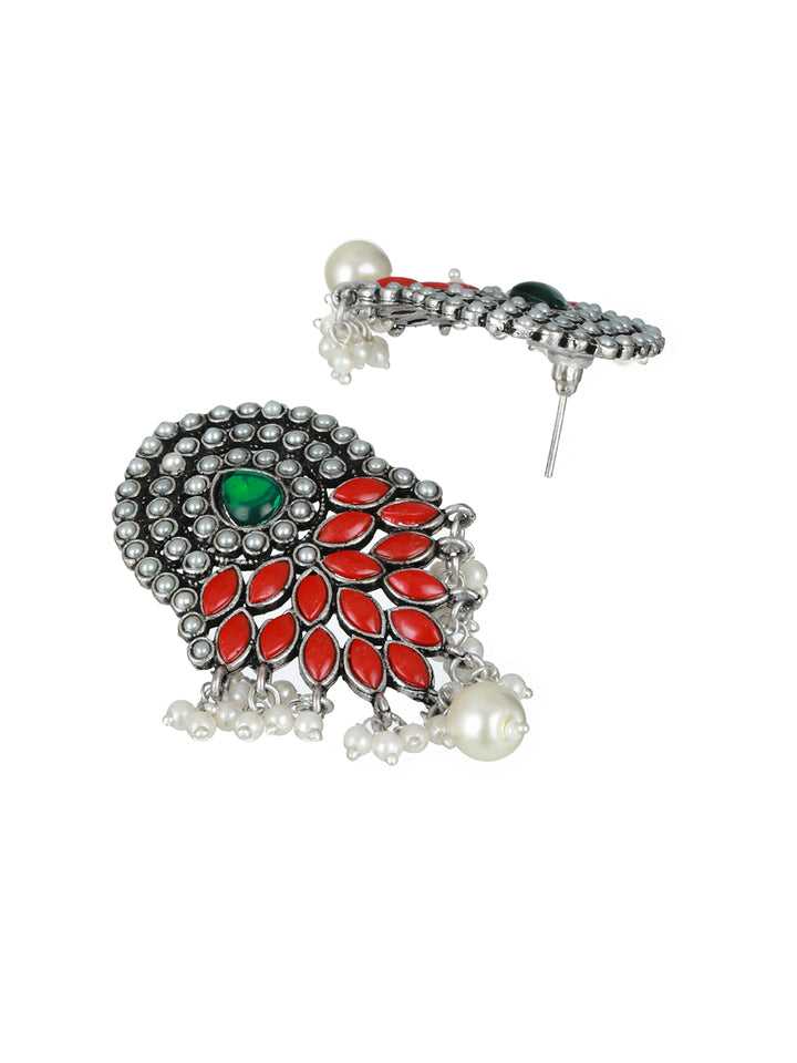 Priyaasi Studded Red Green Floral Leaf Oxidised Silver Earrings