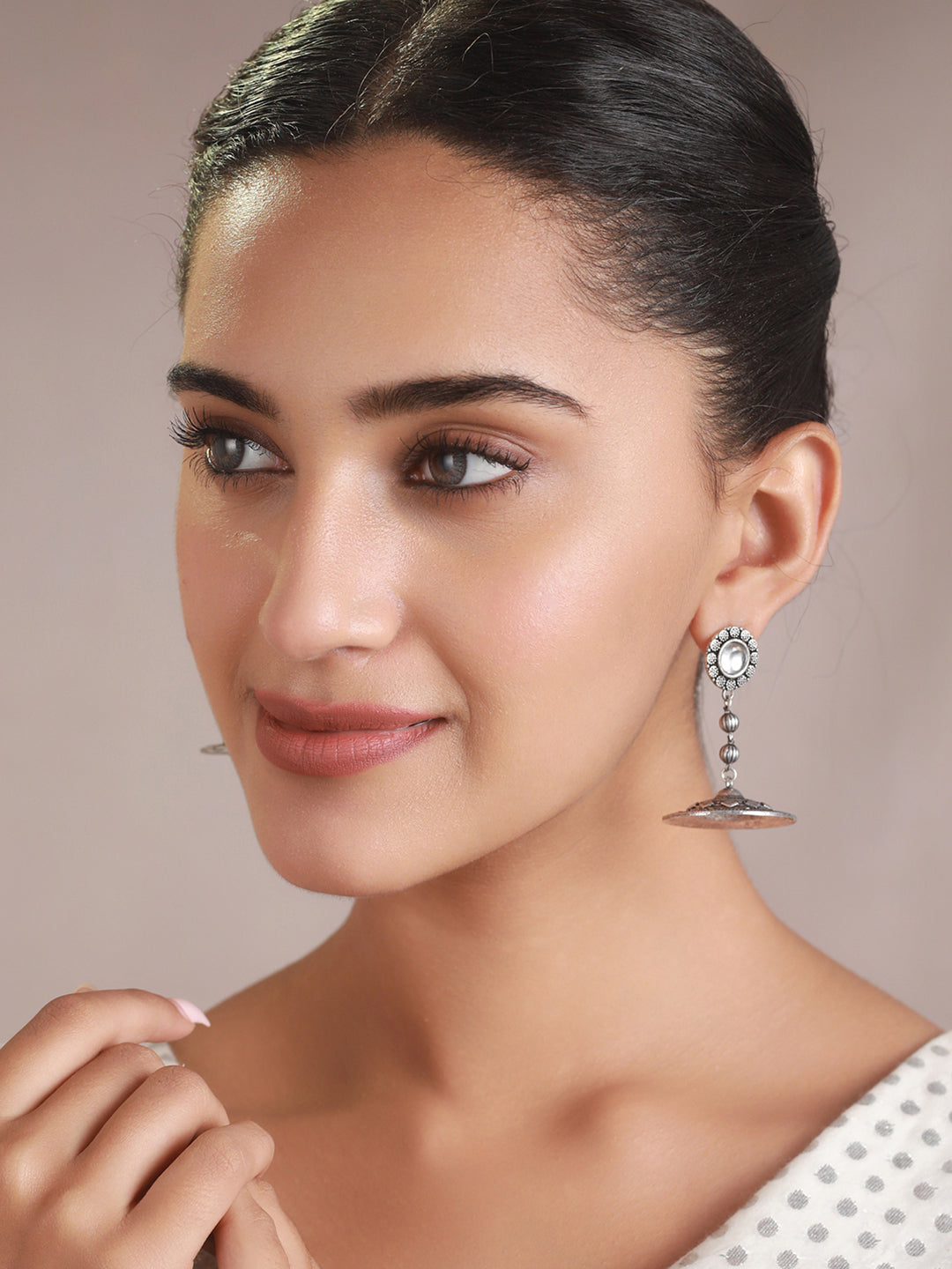 Priyaasi Round Studded Floral Motif Oxidised Silver Earrings
