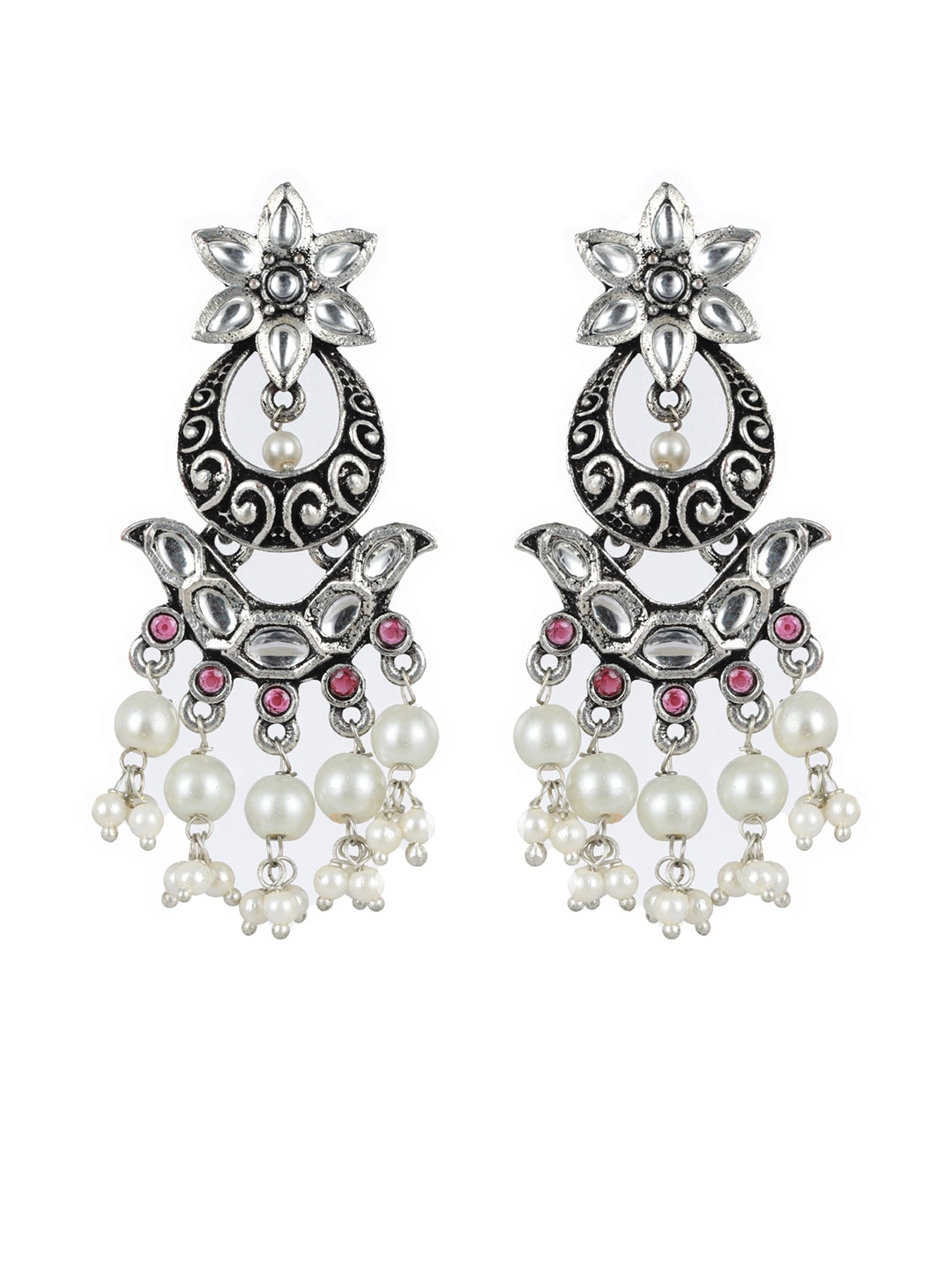 Priyaasi Studded Floral Pearl Drop Oxidised Silver Drop Earrings