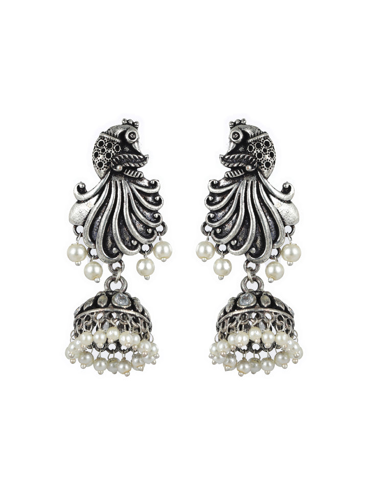 Priyaasi Peacock Pearl Oxidised Silver Jhumka Earrings