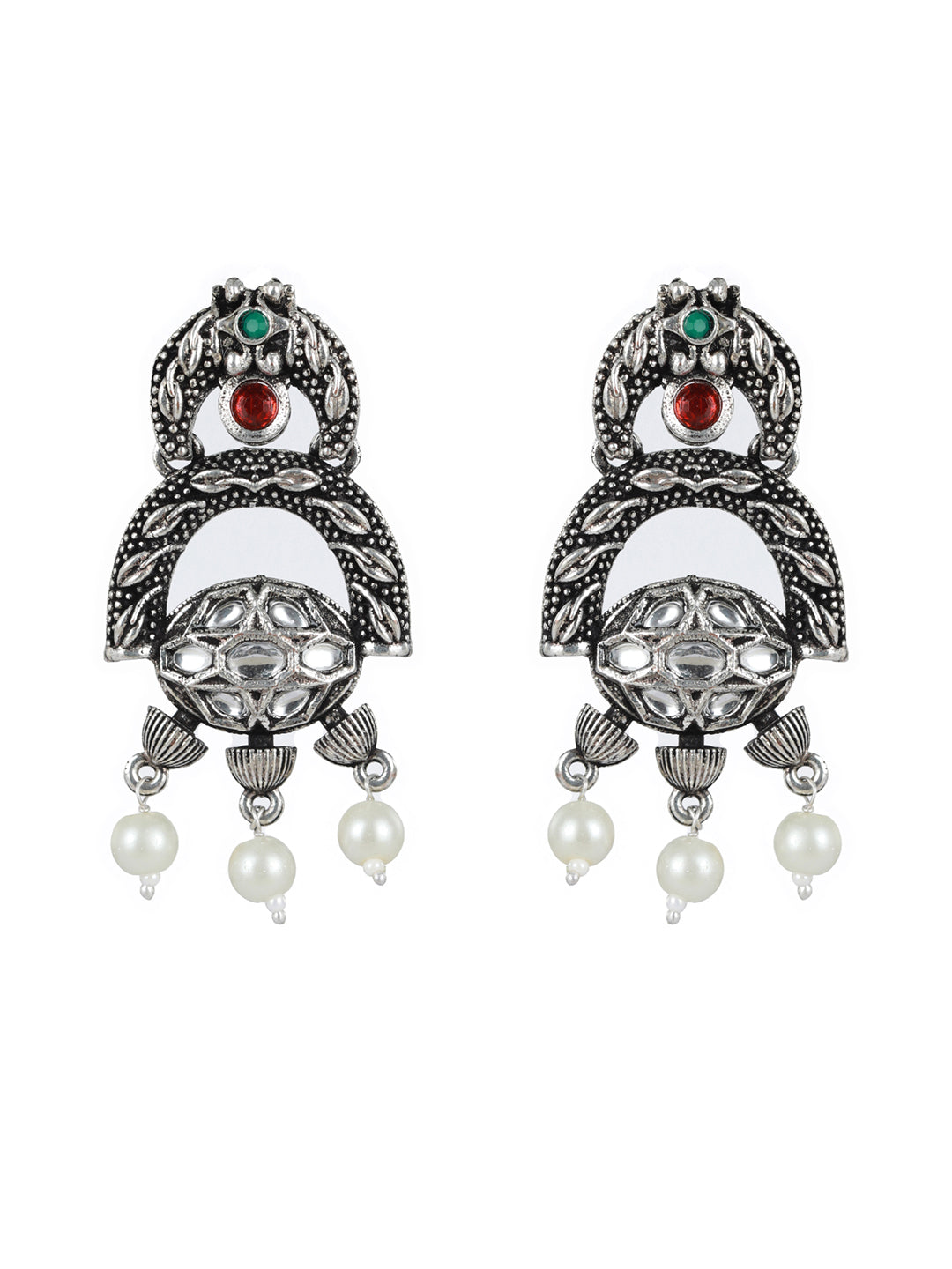 Priyaasi Floral Studded Pearl Oxidised Silver Drop Earrings