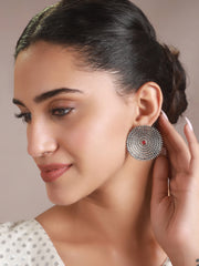 Priyaasi Ruby Round Layered Oxidised Silver Stud Earrings