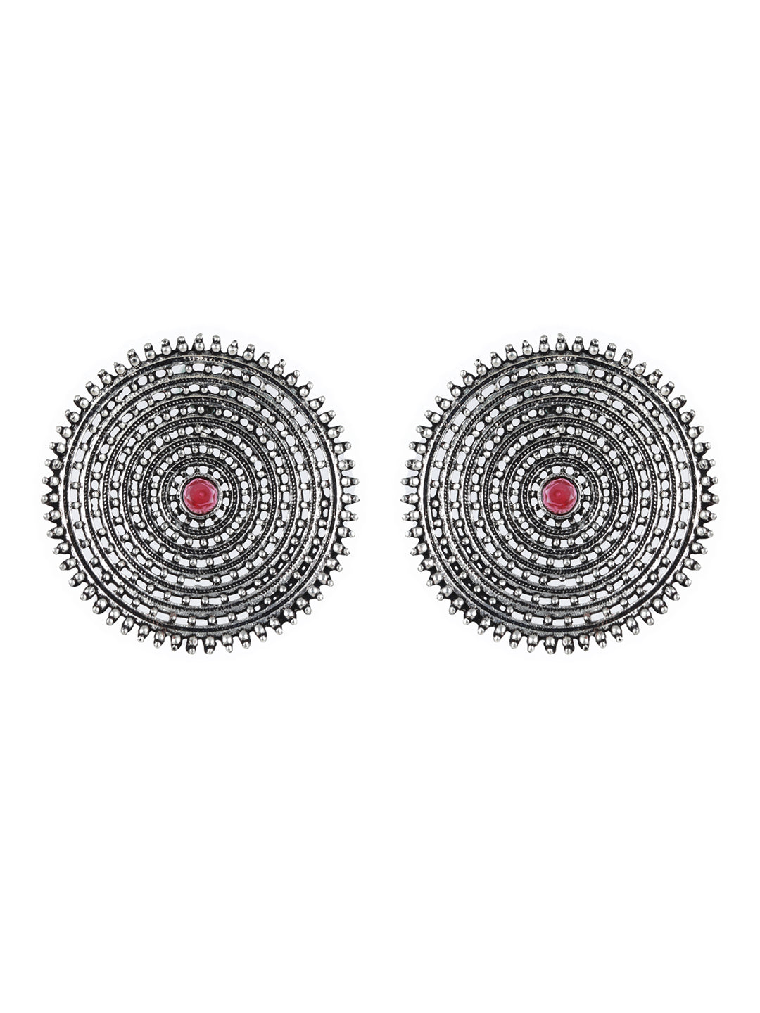 Priyaasi Ruby Round Layered Oxidised Silver Stud Earrings