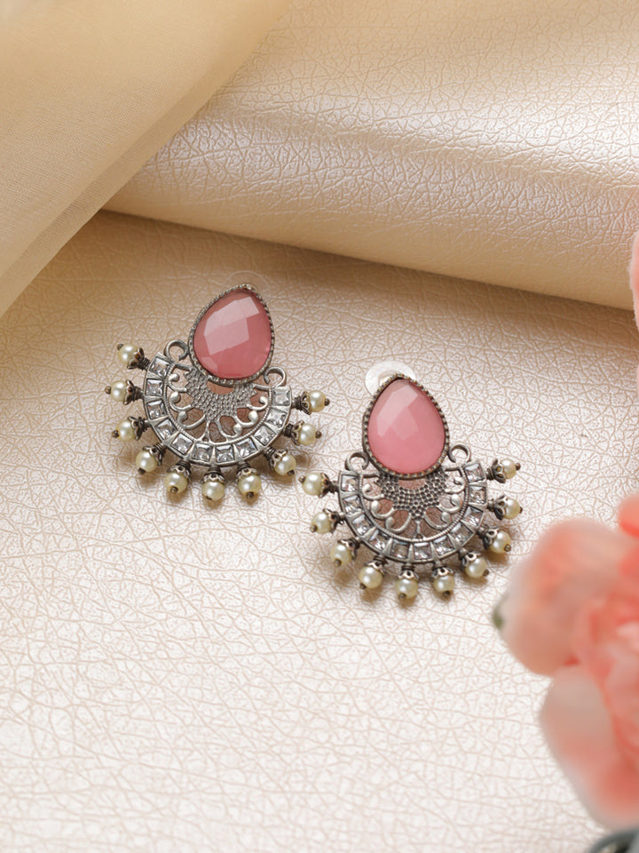 Priyaasi Studded Pink Stone Oxidised Silver Floral Drop Earrings