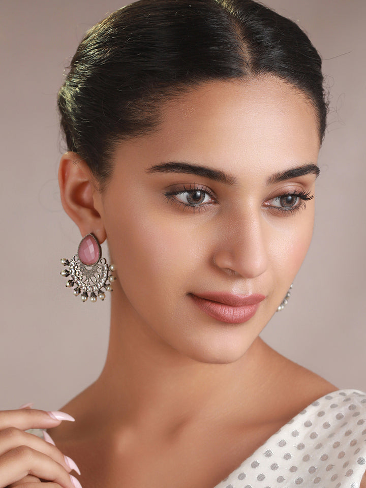 Priyaasi Studded Pink Stone Oxidised Silver Floral Drop Earrings