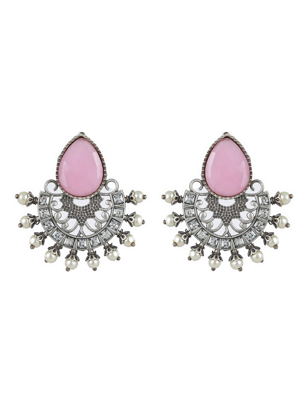 Priyaasi Studded Pink Stone Oxidised Silver Floral Drop Earrings