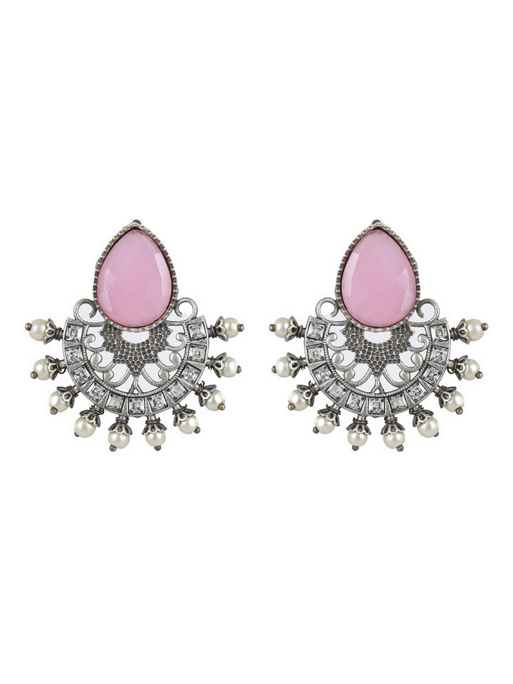 Priyaasi Studded Pink Stone Oxidised Silver Floral Drop Earrings