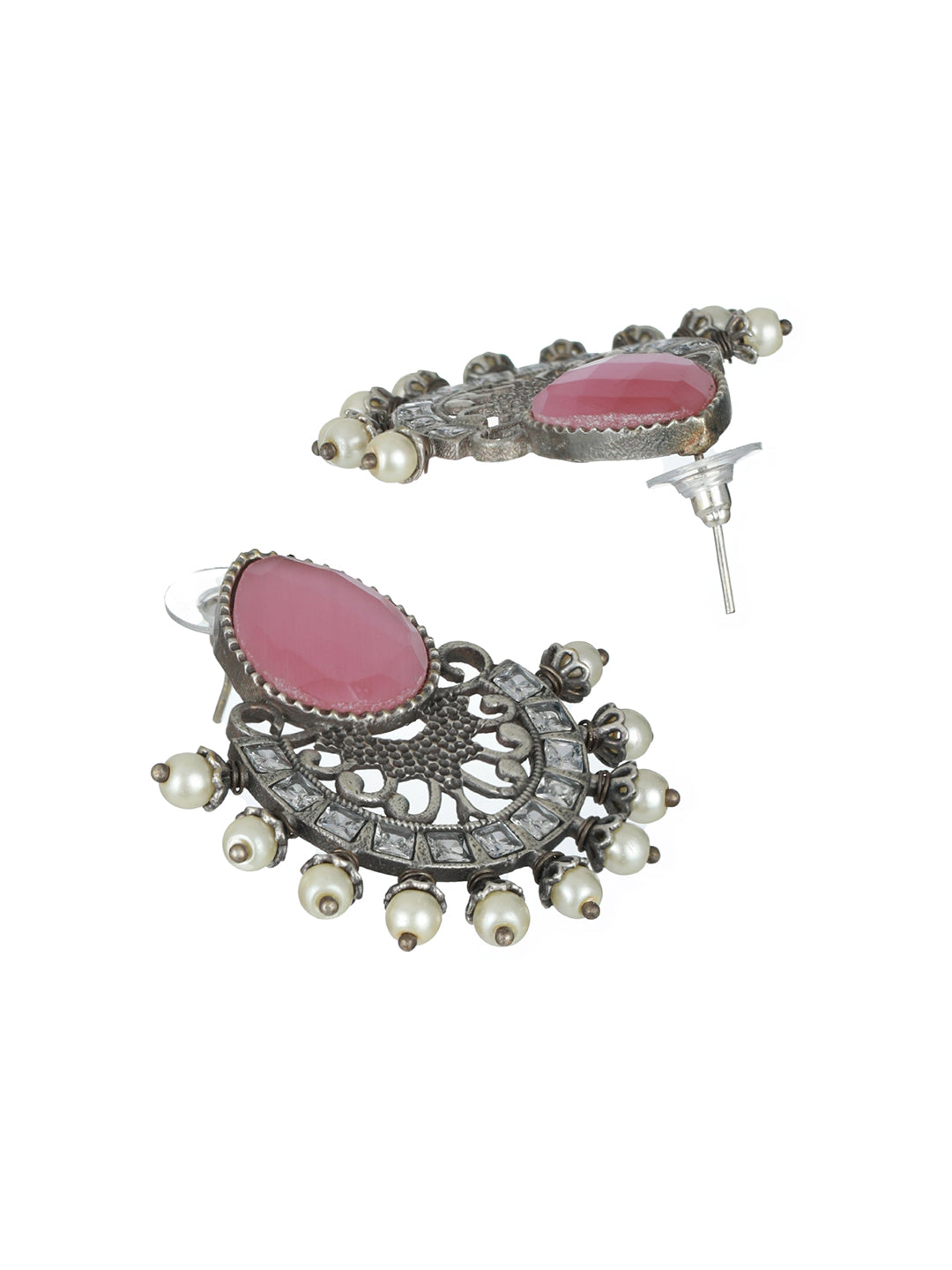Priyaasi Studded Pink Stone Oxidised Silver Floral Drop Earrings