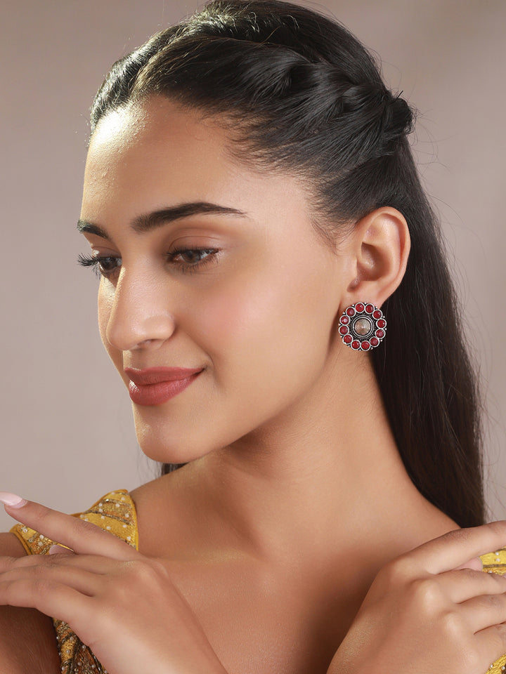 Priyaasi Stylish Magenta Flower Oxidised Silver Stud Earrings