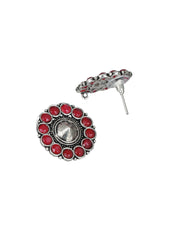 Priyaasi Stylish Magenta Flower Oxidised Silver Stud Earrings