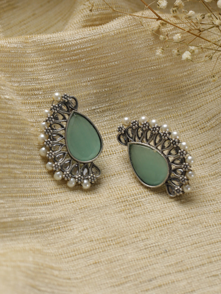 Priyaasi Mint Green Floral Teardrop Oxidised Silver Stud Earrings