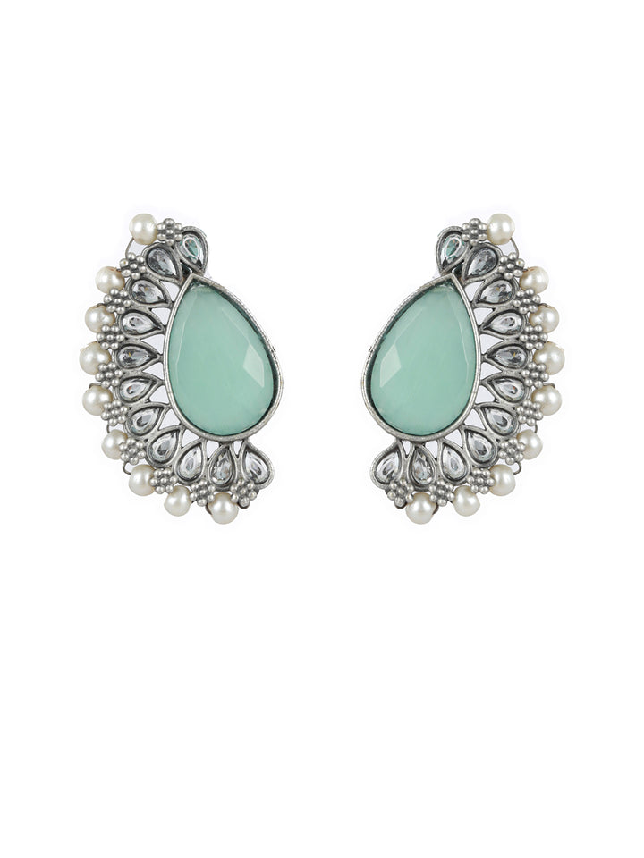 Priyaasi Mint Green Floral Teardrop Oxidised Silver Stud Earrings