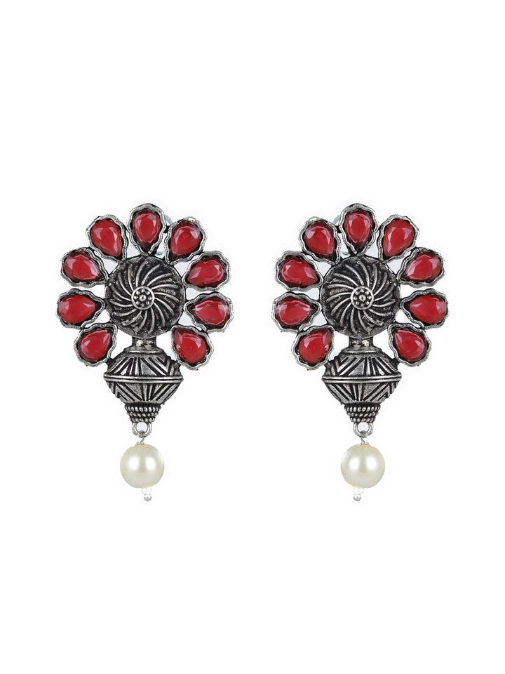 Priyaasi Red Studded Floral Pearl Oxidised Silver Earrings